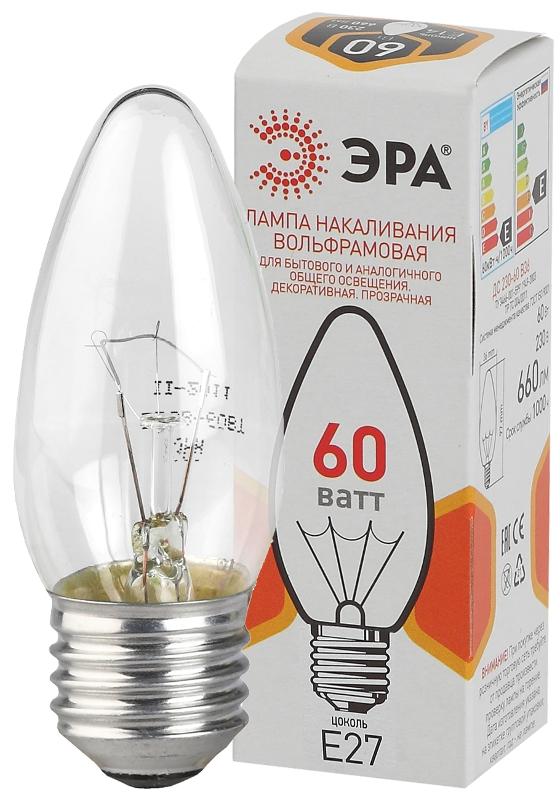 Лампа накаливания ЛОН ДС 60-230-E27-CL  (B36) свечка 60Вт 230В E27 цв. упаковка | Б0039130 | ЭРА — фото 1 | Sento