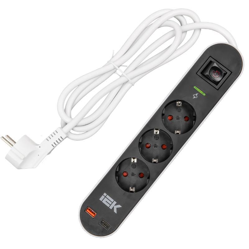 Фильтр сетевой СФ-03К 16А USB A+C 20Вт 1,5м 3х1,5мм2 чер  | WFP10-16-03-01-ZKU-K02 | ИЭК — миниатюра 2