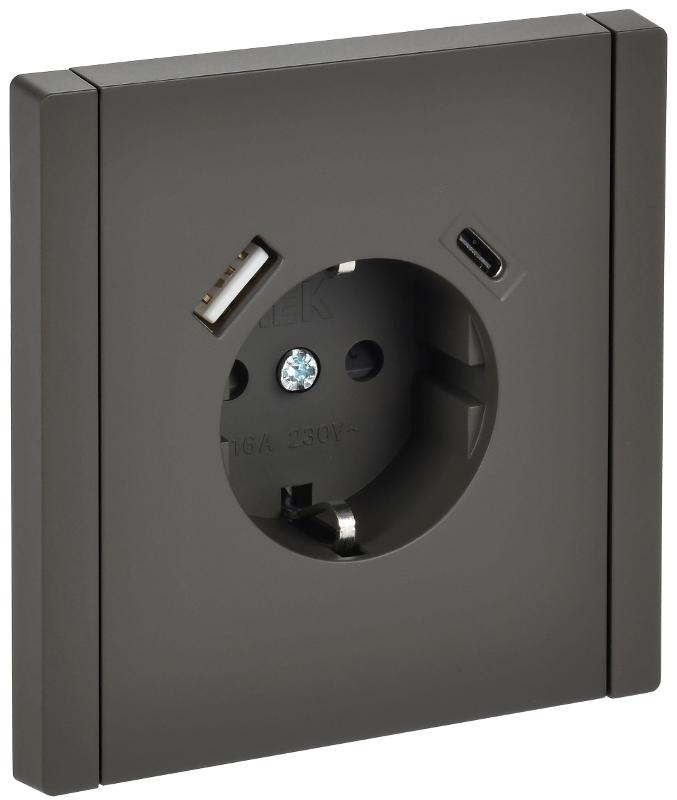 FORTE&PIANO Розетка с заземлением, со шторками в/к 16А USB A+C 18Вт FP347 серый | FP-R14-16-U22-018-K03 | IEK — IEK (ИЭК)