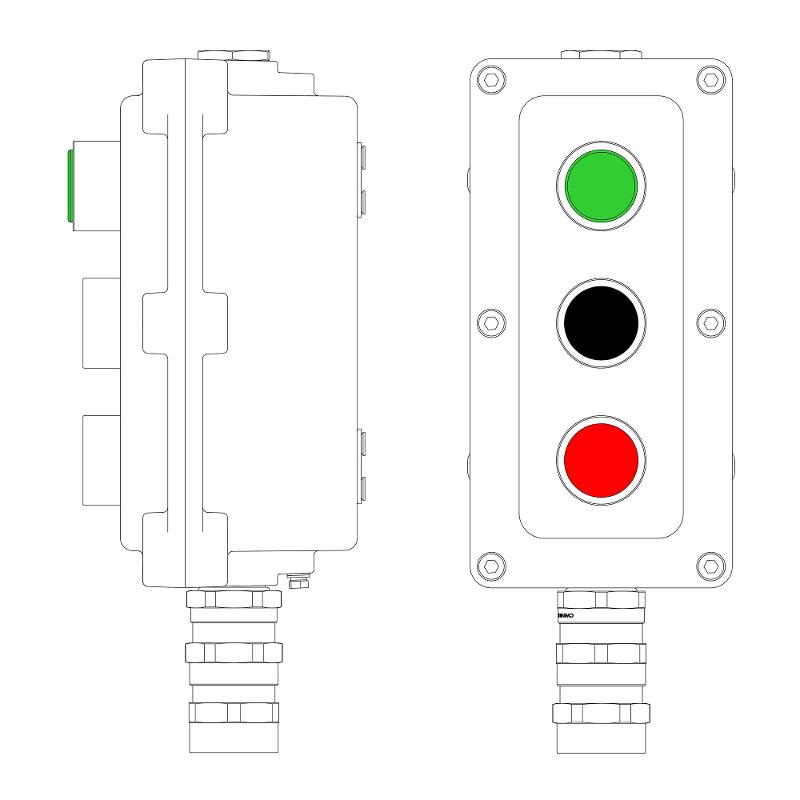 Взрывонепроницаемый пост управления из алюминия LCSD-03-B-MC-L1G(220)x1-P1B(11)x1-P1R(11)x1-PCMB-KA3MHK | LCSD21000106 | DKC — DKC (ДКС)