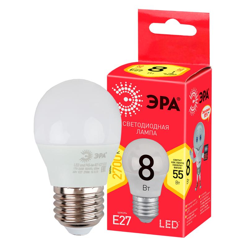 Лампа cветодиодная RED LINE LED P45-8W-827-E27 R Е27 / E27 8 Вт шар теплый белый свет | Б0053028 | ЭРА — миниатюра 1