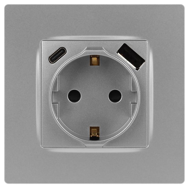 Розетка  Серия 12 12-4108-03 2P+E 16A-250В со шторками с USB type-A+C 5В-3А алюминий | Б0067716 | ЭРА — миниатюра 3