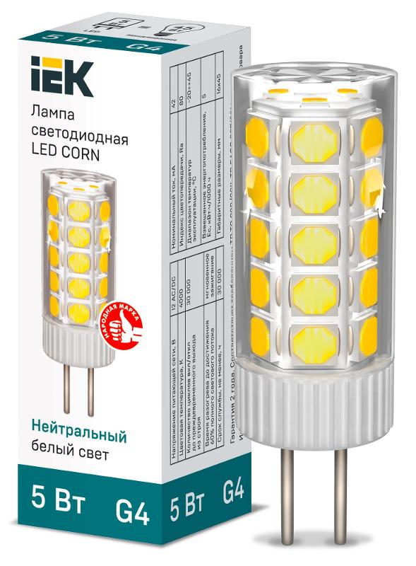 Лампа светодиодная CORN капсула 5Вт 12В 4000К керамика G4 | LLE-CORN-5-012-40-G4 | IEK — IEK (ИЭК)