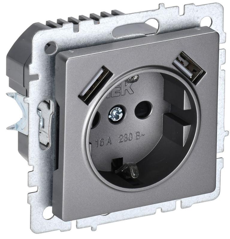 BRITE Розетка с заземлением со шторками 16А с USB A+A 2,1А РЮш10-1-БрС сталь | BR-R14-16-U21-D21-K46 | IEK — IEK (ИЭК)