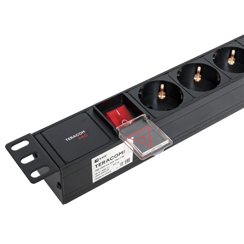 Блок розеток PDU TERACOM PRO 19" 1U 10А/250В 7 розеток Schuko с выключателем разъем C14 | TRP-HPD-LS-10A-7SH-C14 | EKF — миниатюра 10