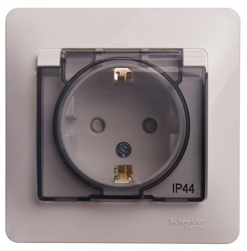 Glossa Белый Розетка с заземлением со шторками с крышкой, IP44 (в сборе с рамкой) | GSL000148 | SE — Systeme Electric