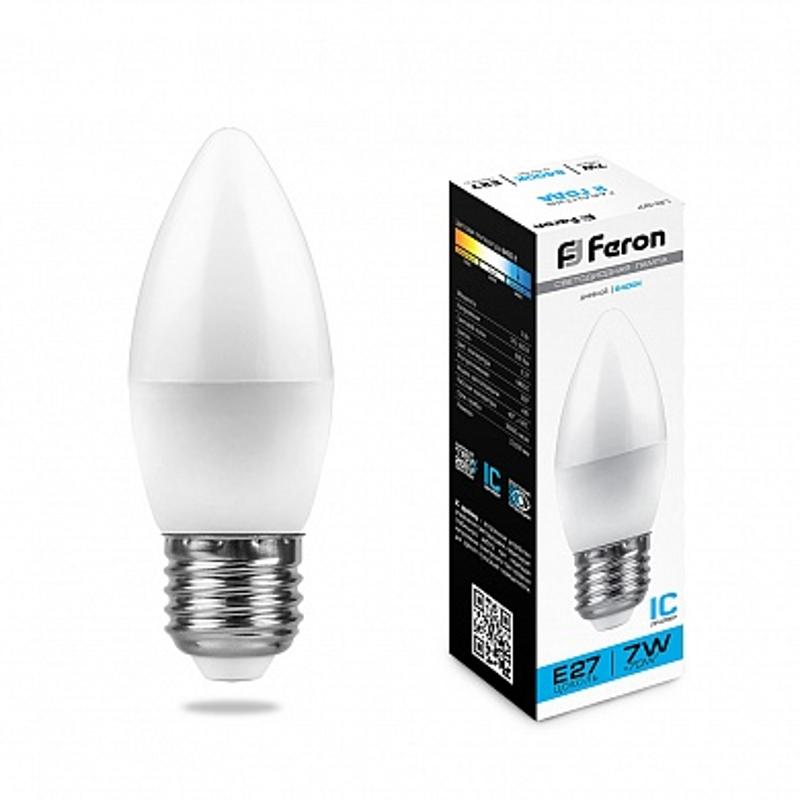 Лампа светодиодная LB-97 (7W) 230V E27 6400K свеча | 25883 | FERON — Feron