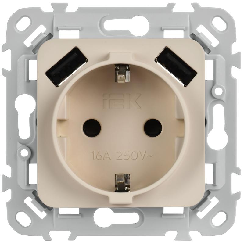 FLITE Розетка с заземлением со шторками 16А с USB A+A 3,1А быстрозажимные клеммы РСЮша11-1-ФлЛ льняной | FI-R14-16-1-U21-D31-K88 | IEK — миниатюра 2