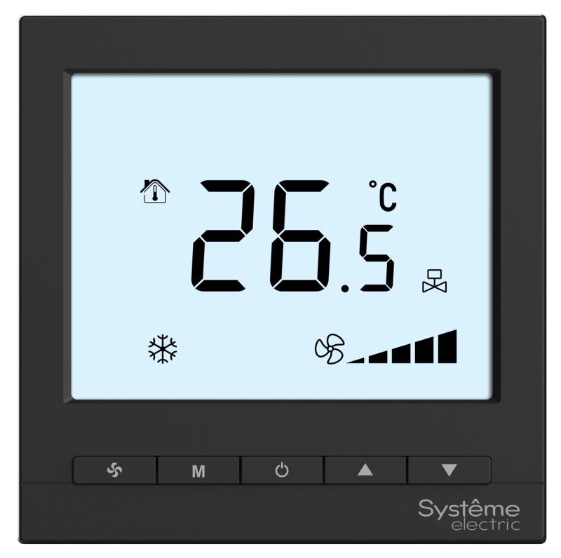 Термостат комнатный цифровой, О/Н/В/А для 4тр 3ск FCU и 2-поз.клап, 1UI 5DO Modbus ~230В чер BS | RTF4IMLB | SE — миниатюра 3
