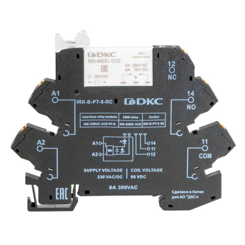Реле интерфейсное, 1CO, ком. ток 6А, AgSnO₂, напряжение 230V AC/DC, RC- цепь, push-in клеммы. | IRK-230UC-1CO-PT-R | DKC — DKC (ДКС)
