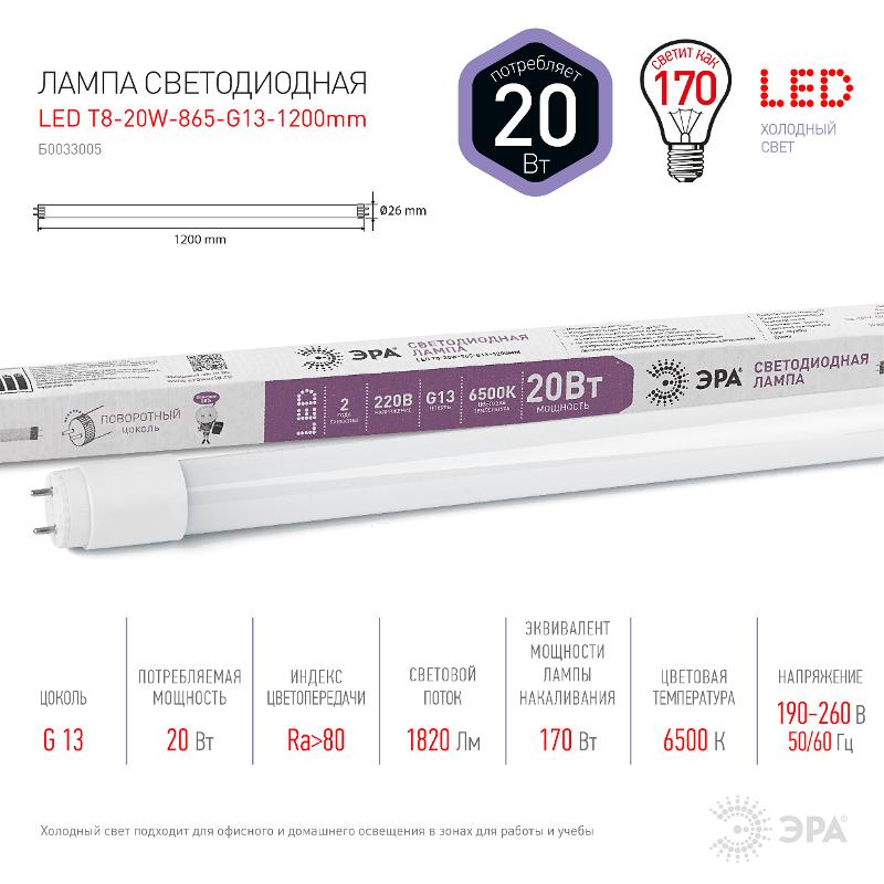 Лампа светодиодная STD LED T8-20W-865-G13-1200mm G13 поворотн 20Вт стекло холодный дневной свет | Б0033005 | ЭРА — миниатюра 3