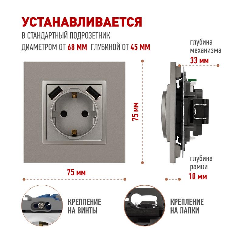 Розетка Elegance 14-4109-16 2P+E 16A-250В, штор. с 2xUSB 5В-3А, титан | Б0065775 | ЭРА — миниатюра 2
