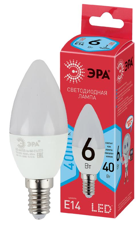 Лампа светодиодная RED LINE ECO LED B35-6W-840-E14 6Вт свеча нейтральный белый свет | Б0020619 | ЭРА — миниатюра 1
