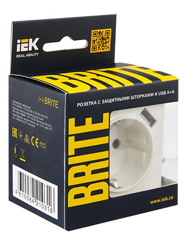 BRITE Розетка с заземлением со шторками 16А с USB A+A 2,1А РЮш10-1-БрЖ жемчужный | BR-R14-16-U21-D21-K36 | IEK — миниатюра 7