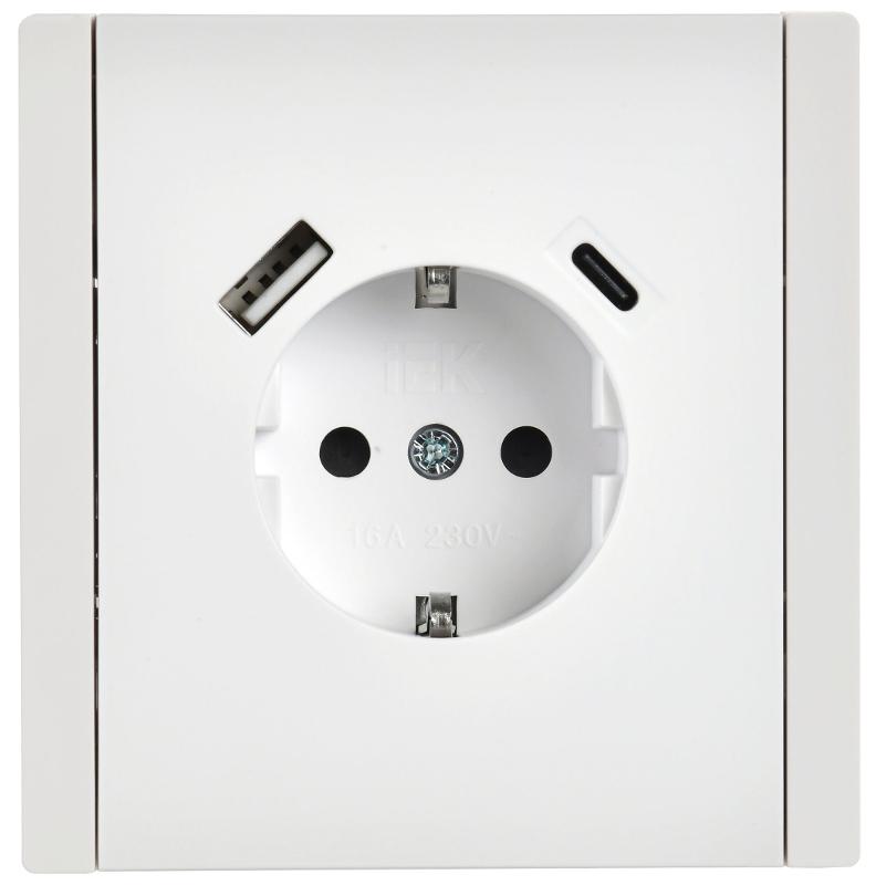 FORTE&PIANO Розетка с заземлением, со шторками в/к 16А USB A+C 18Вт FP247 белый | FP-R14-16-U22-018-K01 | IEK — миниатюра 2