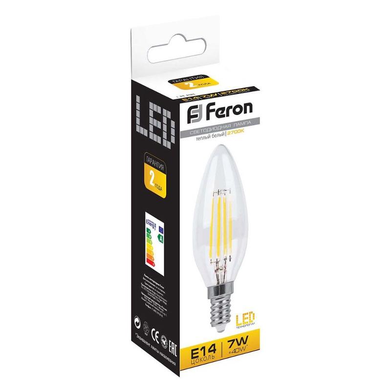 Лампа светодиодная LB-66 (7W) 230V E14 2700K филамент C35 прозрачная | 25726 | FERON — миниатюра 3