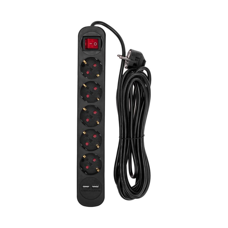Удлинитель STANDARD 5 гнезд, 5м, 3х1,0мм², с/з, с выключателем, 2 USB, черный | 13-4042 | REXANT — REXANT