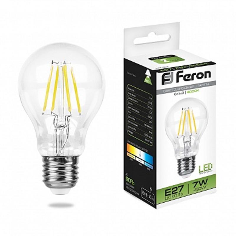 Лампа светодиодная LB-57 (7W) 230V E27 4000K филамент A60 прозрачная | 25570 | FERON — Feron