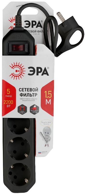 Сетевой фильтр USF-5es-1.5m-B   (черный) с заземл, 3x0,75мм2, с выкл, 5гн, 1.5м (20/600) |Б0019032 | ЭРА — миниатюра 2