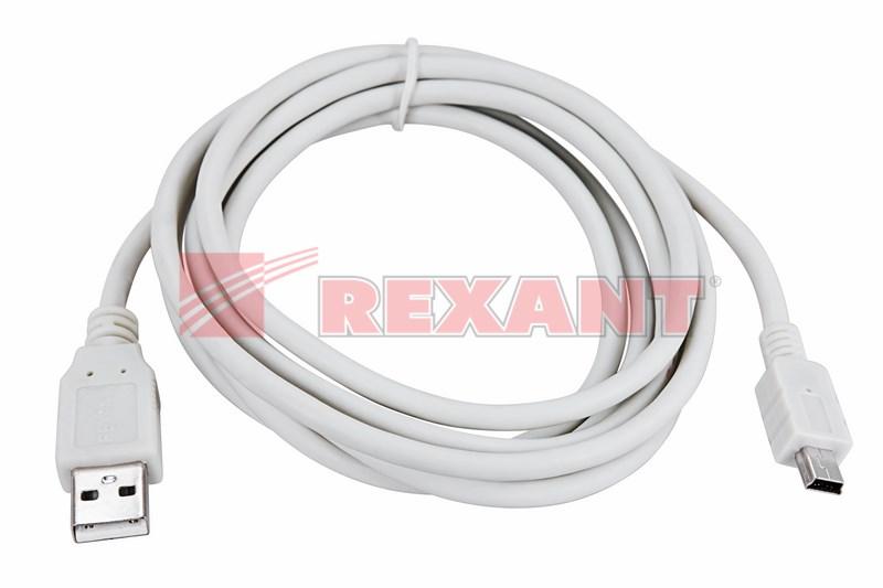 Кабель mini USB (male) штекер - USB-A (male) штекер, длина 1,8 метра, белый (PE пакет) | 18-1134 | REXANT — миниатюра 2
