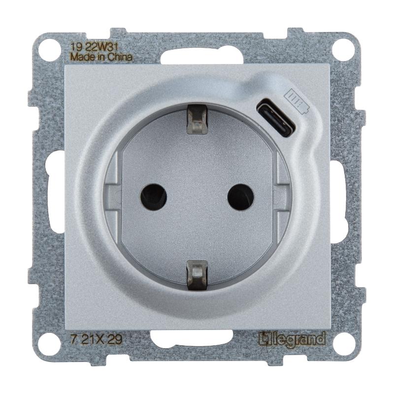 SUNO Комбинированная розетка со шторками 2К+З 16А 250В/USB С 1500мА. Безвинтовые зажимы. Цвет "Алюминий" — миниатюра 2