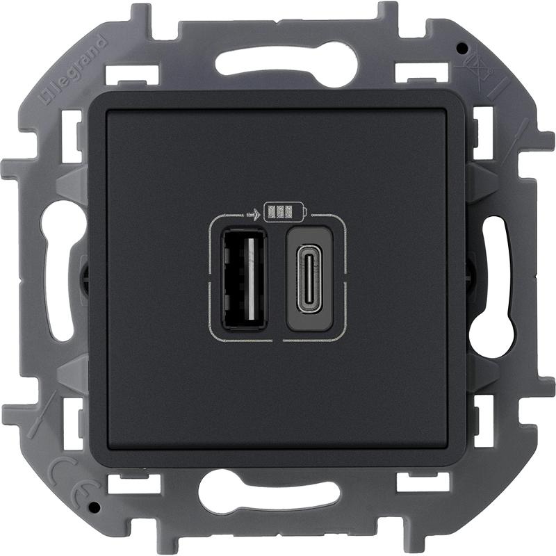 Inspiria Антрацит Устройство зарядное 2 местное с USB-разьемами A-C 240В/5В 3000мА С/У без рамки | 673763 | Legrand — Legrand