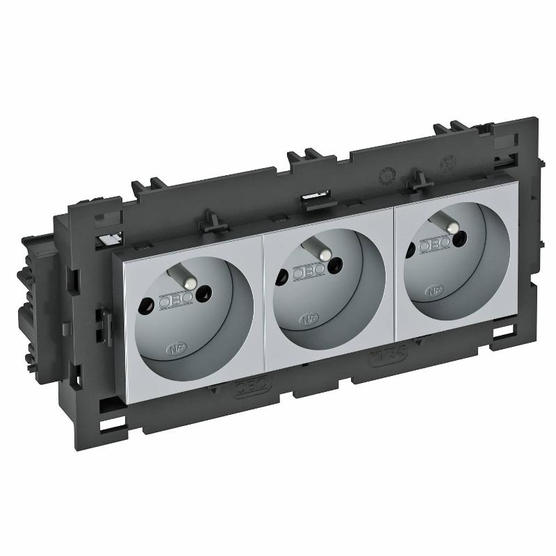 Розетка тройная 0° Modul45connect франц. стандарт, 250 В, 16A (серебристый) (STD-F0C8 AL3) | 6120652 | OBO Bettermann — OBO Bettermann