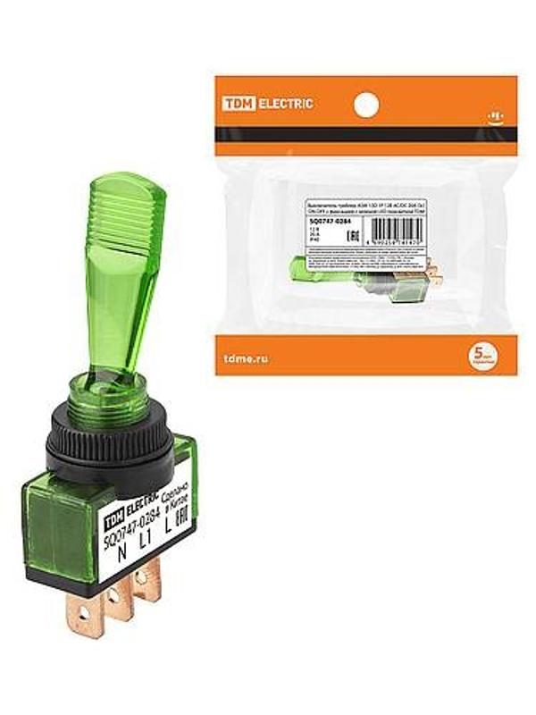 Выключатель-тумблер ASW-13D 1P 12В AC/DC 20А (3c) ON-OFF с фиксацией с зеленой LED подсветкой  | SQ0747-0284 | TDM — фото 1 | Sento