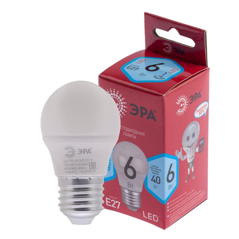 Лампа светодиодная RED LINE LED P45-6W-840-E27 R E27 / Е27 6Вт шар нейтральный белый свет | Б0049644 | ЭРА — ЭРА (Энергия света)