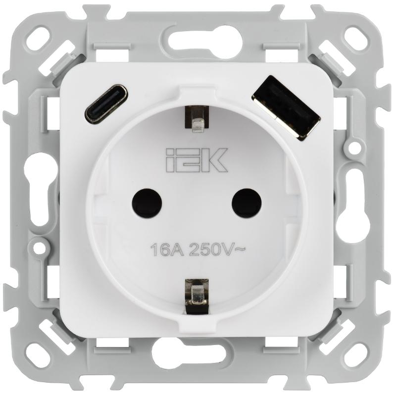 FLITE Розетка с заземлением со шторками 16А с USB A+C 20Вт быстрозажимные клеммы РСЮшс11-1-ФлБ белый | FI-R14-16-1-U22-020-K01 | IEK — миниатюра 2