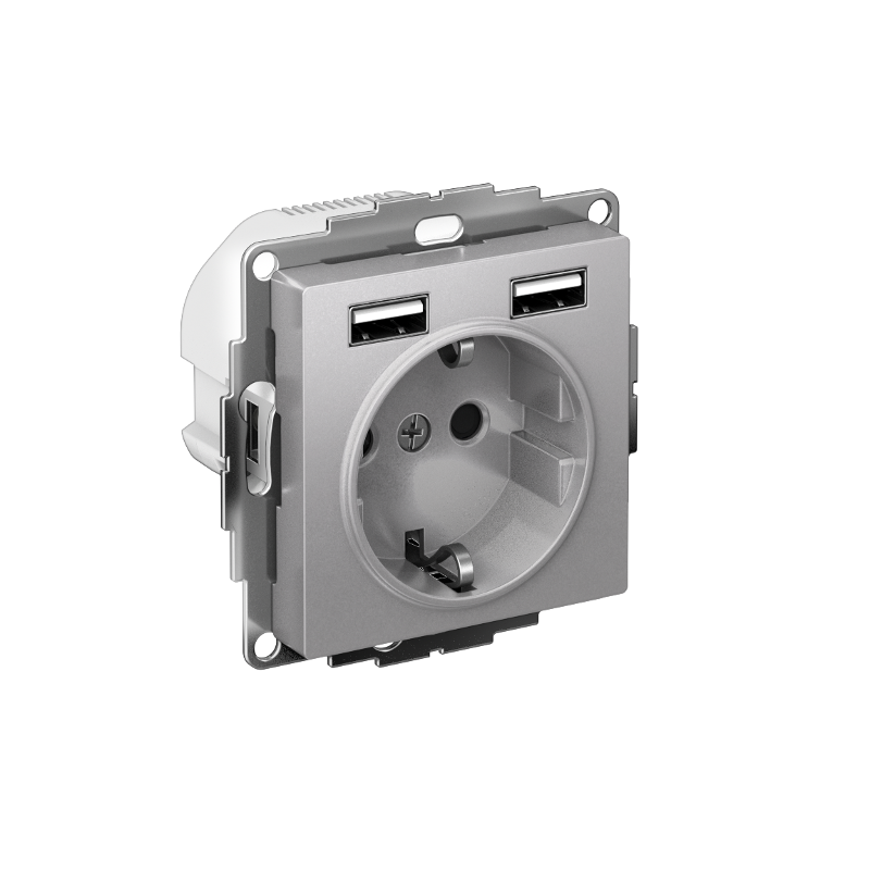 AtlasDesign Алюминий Розетка 16А c 2 USB A+A, 5В/2,4А, 2х5В/1,2А, механизм | ATN000330 | SE — Systeme Electric