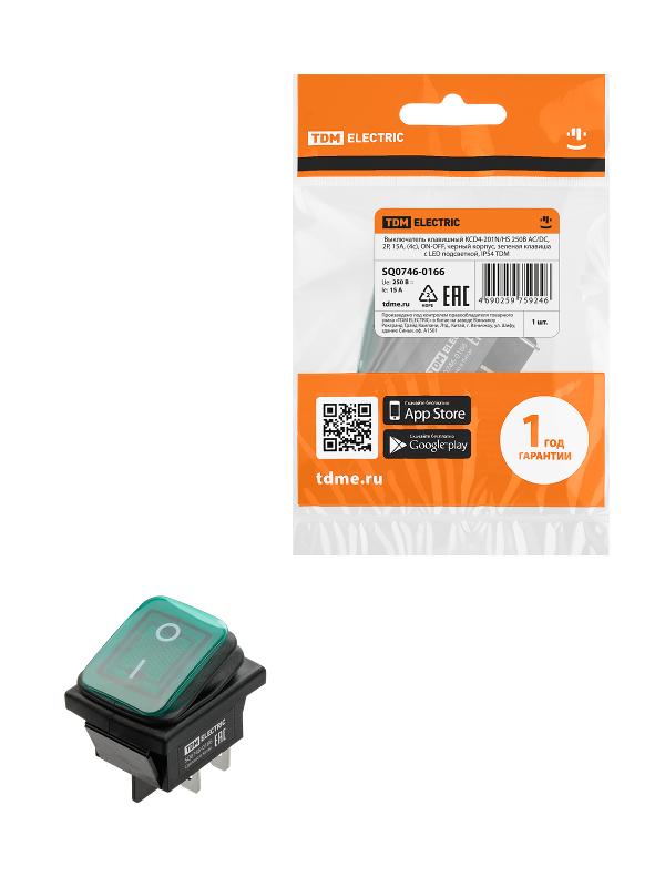 KCD4-201N/HS 250В AC/DC, 2P, 15А, (4с), ON-OFF, черный корпус, зеленая клавиша, LED, IP54 | SQ0746-0166 | TDM — TDM ELECTRIC