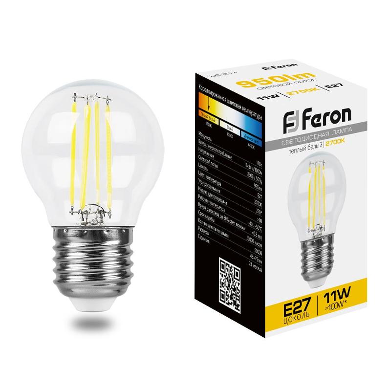 Лампа светодиодная LB-511 (11W) 230V E27 2700K филамент G45 прозрачная | 38015 | FERON — Feron