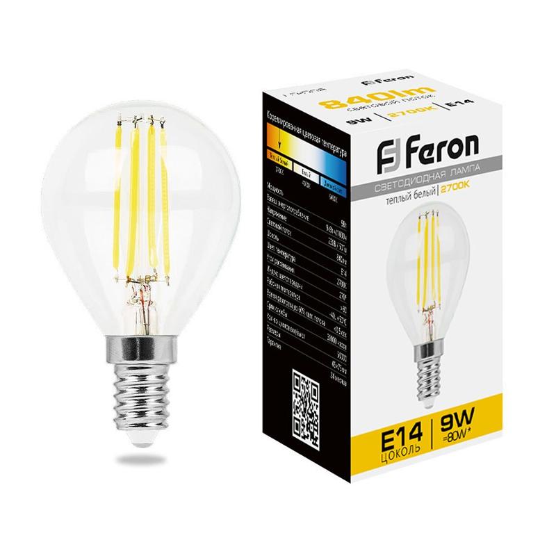 Лампа светодиодная LB-509 (9W) 230V E14 2700K филамент G45 прозрачная | 38001 | FERON — Feron
