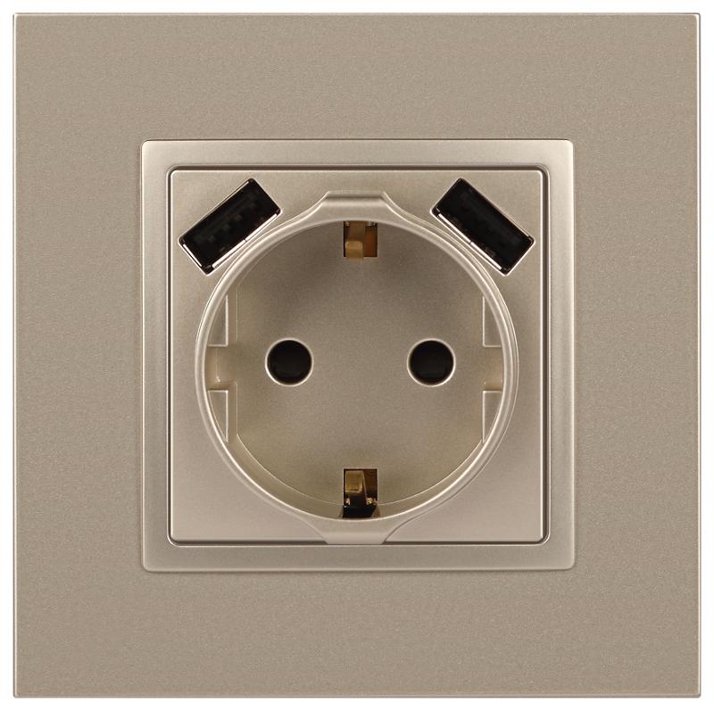 14-4109-04 Розетка без заземления+E 16A-250В, штор. с 2xUSB 5В-3А, Elegance, шампань (10/100/2000) | Б0047870 | ЭРА — миниатюра 2