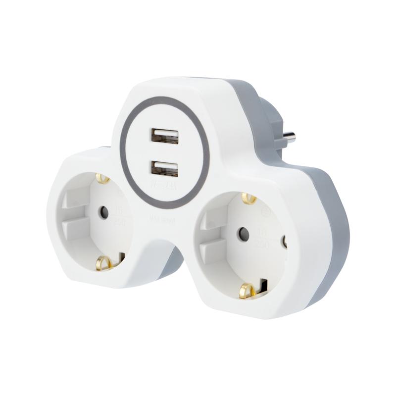 Двойник электрический 16 А с заземлением и защитными шторками + 2 USB порта, 2,4 А, белый | 11-1089 | REXANT — фото 1 | Sento