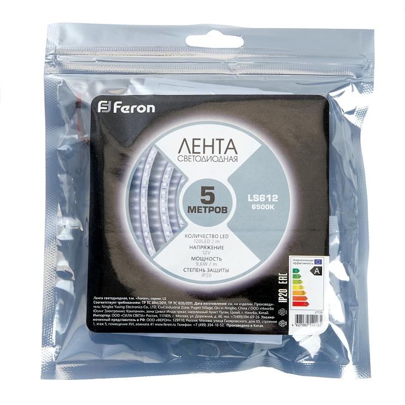 Лента светодиодная LS612/ 120SMD(2835)/м 9.6Вт/м 12V 5000*10*1.22мм 6500К,IP20 | 27729 | FERON — миниатюра 6
