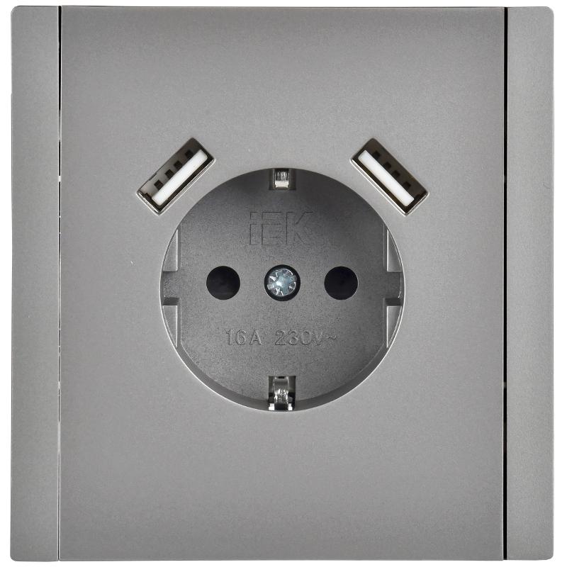 FORTE&PIANO Розетка с заземлением, со шторками в/к 16А USB A+A 3,1А FP545 сталь | FP-R14-16-U21-D31-K46 | IEK — миниатюра 2