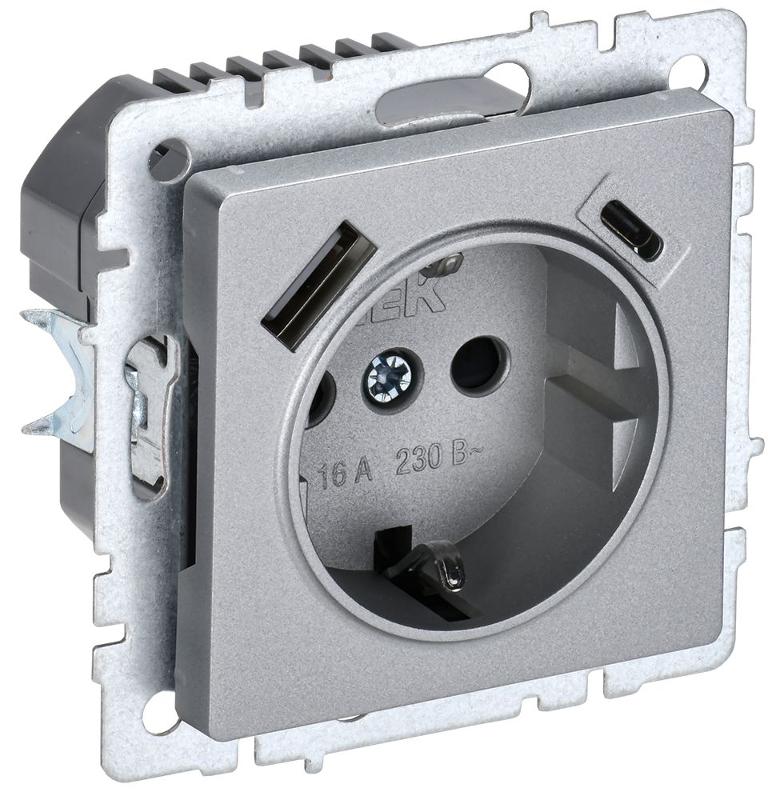 BRITE Розетка с заземлением со шторками 16А с USB A+C 18Вт РЮш11-1-БрА алюминий | BR-R14-16-U22-018-K47 | IEK — миниатюра 1