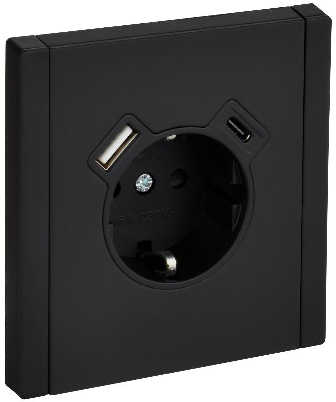 FORTE&PIANO Розетка с заземлением со шторками в/к 16А USB A+C 18Вт FP147M черный  | FP-R14-16-U22-018-M-K02 | IEK — фото 1 | Sento