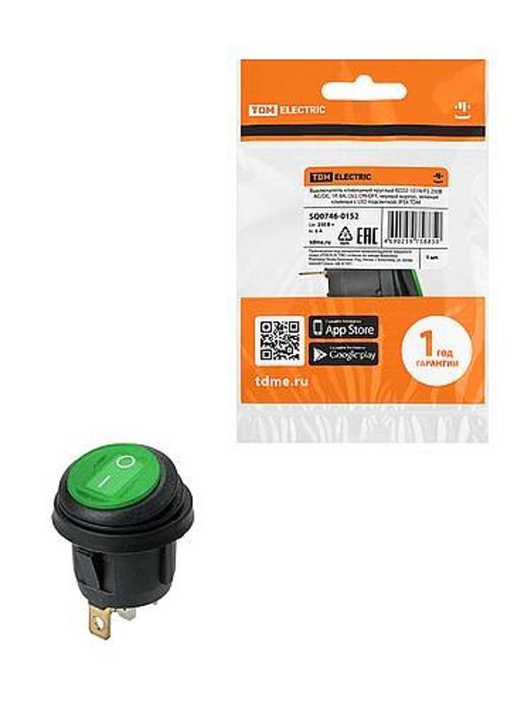 KCD2-101N/FS 250В AC/DC, 1P, 6А, (3с), ON-OFF, черный корпус, зеленая клавиша, LED, IP54 | SQ0746-0152 | TDM — TDM ELECTRIC