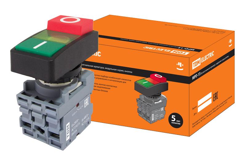 Кнопка двойная MPD13-11G (зеленая/красная-выступающая) (LED) d22мм/220В (I/O)  линза зеленая | SQ0747-0036 | TDM — TDM ELECTRIC