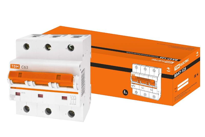 Выключатель автоматический трехполюсный ВА47-125 63А C 15кА | SQ0208-0081 | TDM — TDM ELECTRIC