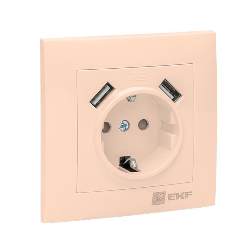 Валенсия розетка 1-местная с/з 16А кремовая с защ. штор. с 2 USB 2,1А EKF PROxima |  EWR16-028-20-2USB |  EKF — миниатюра 3