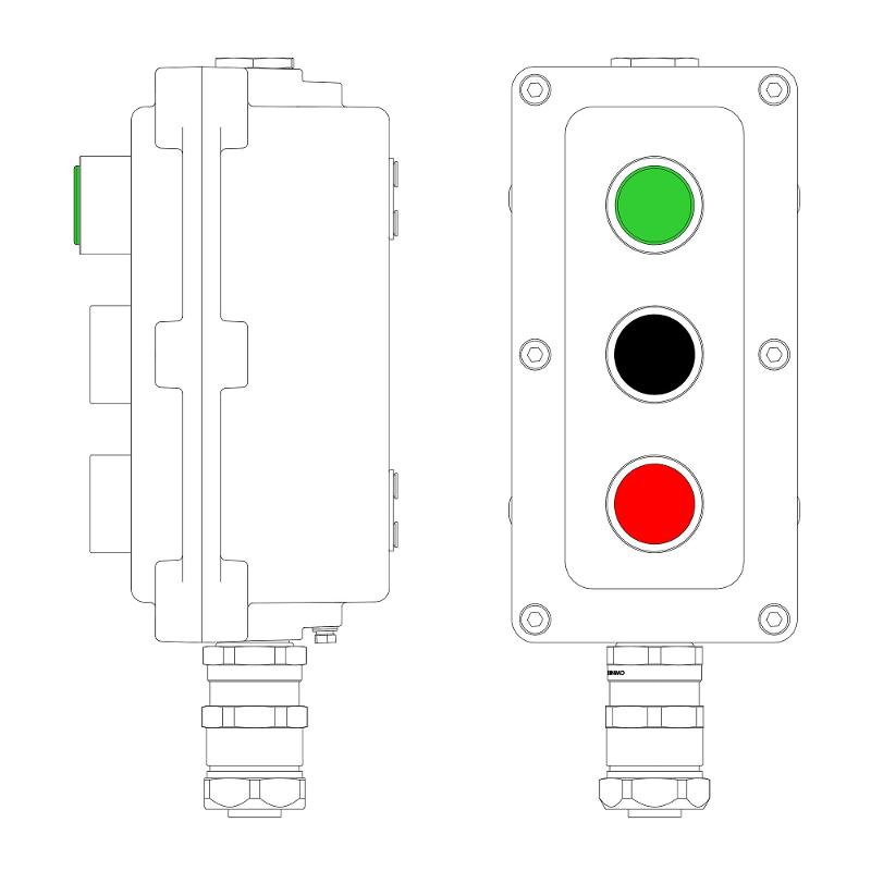 Взрывонепроницаемый пост управления из алюминия LCSD-03-B-MC-L1G(220)x1-P1B(11)x1-P1R(11)x1-PCMB-KAEPM3MHK-20 | LCSD21000122 | DKC — фото 1 | Sento