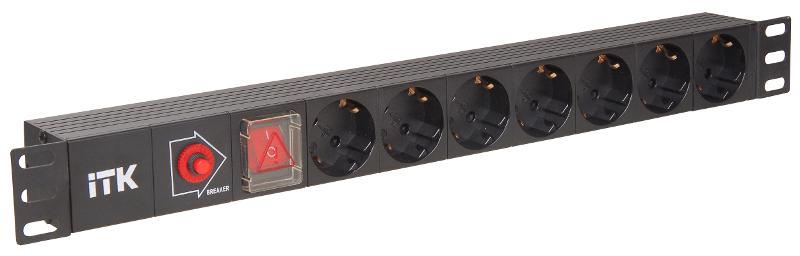 Блок розеток 19 (7шт)PDU с LED вык.и защитой от перенап.алюм.проф.1U ВХОД С14 без шнура | PH13-7D3 | ITK — ITK