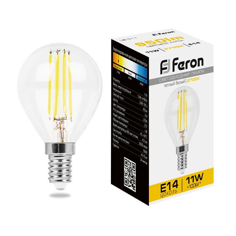 Лампа светодиодная LB-511 (11W) 230V E14 2700K филамент G45 прозрачная | 38013 | FERON — Feron