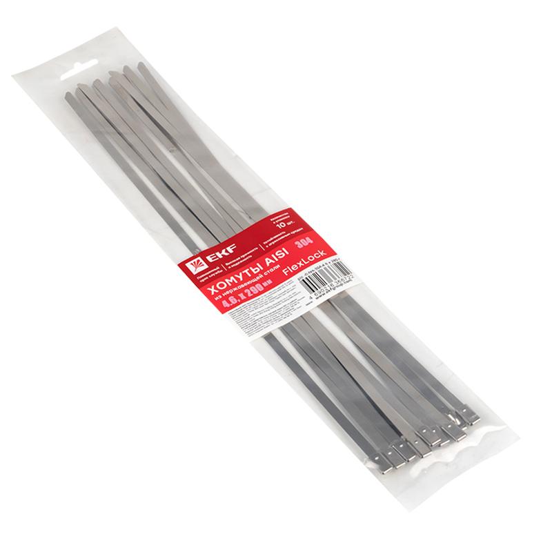 Хомут AISI 304 из нержавеющей стали, 4.6x290 (10 шт.) FlexLock PROxima | plc-fl-tss-304-4.6x290-r | EKF — миниатюра 2