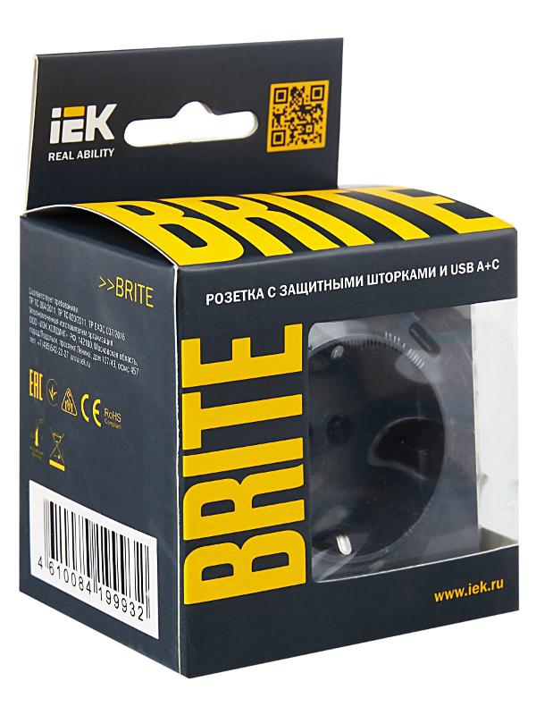 BRITE Розетка с заземлением со шторками 16А с USB A+C 18Вт РЮш11-1-БрМ маренго | BR-R14-16-U22-018-K35 | IEK — миниатюра 7