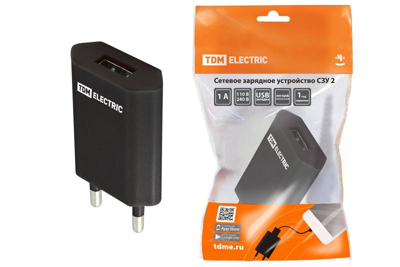 Сетевое зарядное устройство, СЗУ 2, 1 А, 1 USB, черный, | SQ1810-0002 | TDM — фото 1 | Sento